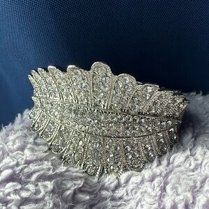 Silver Leaf Rhinestone Cuff Bracelet - Hinged